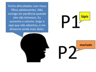 Tenho dificuldades com meus filhos adolescentes. Não consigo ter paciência quando eles são teimosos. Eu aumento o volume, brigo e vejo que não adiantou, e me distancio ainda mais deles. P1 P2 lápis machado 