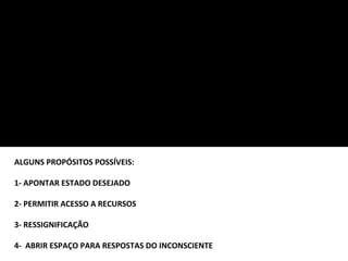 ASPECTOS A SEREM OBSERVADOS NA CONSTRUÇÃO DE UMA METÁFORA TRANSFORMADORA: 1- SUTILEZA 2- ANALOGIA S: COM O PROBLEMA  /  COM O SUJEITO  3-  USO DOS TRÊS SISTEMAS REPRESENTACIONAIS  (V -  A  -  C) 4-  ECOLOGIA  E RAPPORT 5- USO DOS PADRÕES DE MILTON ERICKSON ALGUNS PROPÓSITOS POSSÍVEIS: 1- APONTAR ESTADO DESEJADO 2- PERMITIR ACESSO A RECURSOS  3- RESSIGNIFICAÇÃO 4-  ABRIR ESPAÇO PARA RESPOSTAS DO INCONSCIENTE 