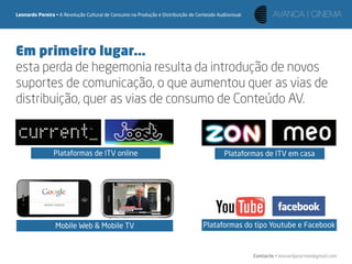 Leonardo Pereira • A Revolução Cultural de Consumo na Produção e Distribuição de Conteúdo Audiovisual




Em primeiro lugar...
esta perda de hegemonia resulta da introdução de novos
suportes de comunicação, o que aumentou quer as vias de
distribuição, quer as vias de consumo de Conteúdo AV.


                Plataformas de ITV online                                                    Plataformas de ITV em casa




                 Mobile Web & Mobile TV                                             Plataformas do tipo Youtube e Facebook



                                                                                                        Contacto • leonardpeartree@gmail.com
 