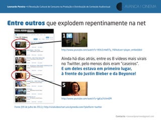Leonardo Pereira • A Revolução Cultural de Consumo na Produção e Distribuição de Conteúdo Audiovisual




Entre outros que explodem repentinamente na net



                                                     http://www.youtube.com/watch?v=8OU1mW0Ty_Y&feature=player_embedded


                                                     Ainda há dias atrás, entre os 8 vídeos mais virais
                                                     no Twitter, pelo menos dois eram “caseiros“.
                                                     E um deles estava em primeiro lugar,
                                                     à frente do Justin Bieber e da Beyonce!




                                                     http://www.youtube.com/watch?v=JgEa2tUtm0M


       Fonte (09 de Julho de 2011): http://viralvideochart.unrulymedia.com/?platform=twitter


                                                                                                        Contacto • leonardpeartree@gmail.com
 
