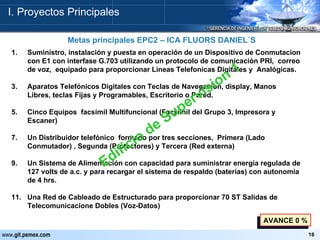 Suministro, instalación y puesta en operación de un Dispositivo de Conmutacion con E1 con interfase G.703 utilizando un protocolo de comunicación PRI,  correo de voz,  equipado para proporcionar Lineas Telefonicas Digitales y  Analógicas. Aparatos Telefónicos Digitales con Teclas de Navegacion, display, Manos Libres, teclas Fijas y Programables, Escritorio o Pared. Cinco Equipos  facsímil Multifuncional (Facsímil del Grupo 3, Impresora y Escaner) Un Distribuidor telefónico  formado por tres secciones,  Primera (Lado Conmutador) , Segunda (Protectores) y Tercera (Red externa)  Un Sistema de Alimentación con capacidad para suministrar energía regulada de 127 volts de a.c. y para recargar el sistema de respaldo (baterías) con autonomia de 4 hrs. Una Red de Cableado de Estructurado para proporcionar 70 ST Salidas de Telecomunicacione Dobles (Voz-Datos) AVANCE 0 % Edificio de Supervision 1 I. Proyectos Principales Metas principales EPC2 – ICA FLUORS DANIEL´S 