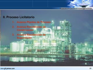 II. Proceso Licitatorio Avance Plantas de Proceso Avance Residencias de Construcción Avance Residencias de Supervisión 