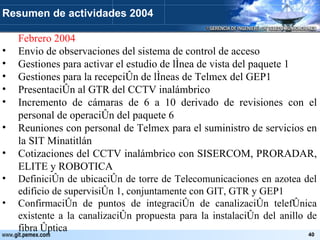 Febrero 2004 Envio de observaciones del sistema de control de acceso Gestiones para activar el estudio de línea de vista del paquete 1 Gestiones para la recepción de líneas de Telmex del GEP1 Presentación al GTR del CCTV inalámbrico Incremento de cámaras de 6 a 10 derivado de revisiones con el personal de operación del paquete 6 Reuniones con personal de Telmex para el suministro de servicios en la SIT Minatitlán Cotizaciones del CCTV inalámbrico con SISERCOM, PRORADAR, ELITE y ROBOTICA Definición de ubicación de torre de Telecomunicaciones en azotea del edificio de supervisión 1, conjuntamente con GIT, GTR y GEP1 Confirmación de puntos de integración de canalización telefónica existente a la canalización propuesta para la instalación del anillo de fibra óptica Resumen de actividades 2004 