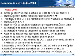   Marzo 2004 Envio de observaciones al estudio de línea de vista del paquete 1 Revisión de preguntas junta de aclaraciones P4 y P5 Validación de la GIT a la memoria de cálculo y estudio de radiación Revisión del EPC6 Reubicación de servicios telefonicos por reestruturación del GTR Elaboración de notas informativas de avances del paquete 1 Elaboración Planos de ubicación de equipos en la SIT Mina Gestion de cotizaciones del equipo para el CCTV inalámbrico Gestion de licencias de los equipos punto a punto Oficio REC083-04 las cámaras de CCTV serán de acuerdo al análsis de riesgos de cada unidad de proceso Recorrido y revisión física de plano M212 del anillo de fibra óptica Revisión de equipos adquiridos por GIT a través de IKUSI Gestiones para la Facturación de 46 servicios telefónicos del GTR Resumen de actividades 2004 