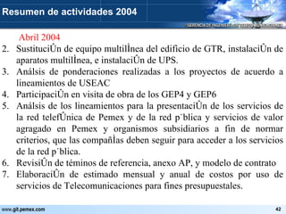   Abril 2004 Sustitución de equipo multilínea del edificio de GTR, instalación de aparatos multilínea, e instalación de UPS. Análsis de ponderaciones realizadas a los proyectos de acuerdo a lineamientos de USEAC Participación en visita de obra de los GEP4 y GEP6 Análsis de los lineamientos para la presentación de los servicios de la red telefónica de Pemex y de la red pública y servicios de valor agragado en Pemex y organismos subsidiarios a fin de normar criterios, que las compañías deben seguir para acceder a los servicios de la red pública. Revisión de téminos de referencia, anexo AP, y modelo de contrato Elaboración de estimado mensual y anual de costos por uso de servicios de Telecomunicaciones para fines presupuestales. Resumen de actividades 2004 