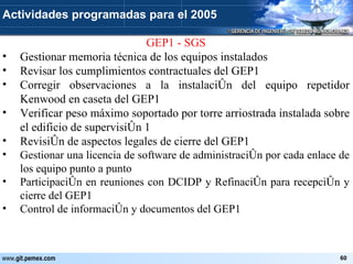 GEP1 - SGS Gestionar memoria técnica de los equipos instalados Revisar los cumplimientos contractuales del GEP1 Corregir observaciones a la instalación del equipo repetidor Kenwood en caseta del GEP1 Verificar peso máximo soportado por torre arriostrada instalada sobre el edificio de supervisión 1 Revisión de aspectos legales de cierre del GEP1 Gestionar una licencia de software de administración por cada enlace de los equipo punto a punto Participación en reuniones con DCIDP y Refinación para recepción y cierre del GEP1 Control de información y documentos del GEP1 Actividades programadas para el 2005 