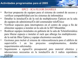 EPC2 – ICA FLUOR DANIELS Revisar propuesta de equipos para el sistema de control de acceso y verificar compatibilidad con los sistemas de informática Detallar la instalación de la red de multiplexores ópticos en la sala de equipos de administración del conmutador telefónico Verificar espacios para interruptores en el centro de carga a fin de alimentar equipos a instalar en la sala de la SIT Minatitlán Reubicar equipos instalados en gabinete de la sala de Teleinformática para liberar espacio e instalar el rack que alberga los multiplexores  de la red de fibra óptica y equipo electronico asociado Gestiones para incluir el sistema de videoconferencia para el edificio de supervisión 1 en los proyectos complementarios, detallar requerimientos adicionales. Seguimiento a signación presupuestal para material eléctrico y adecuaciones necesarias en la instalación de 3 radios repetidores trunking. Actividades programadas para el 2005 