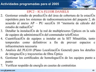 EPC2 – ICA FLUOR DANIELS Gestionar estudio de predicción del área de cobertura de la estación repetidora para los sistemas de radiocomunicacion del paquete 2, de acuerdo al anexo AP – PU sección 10 “memoria de cálculo del estudio de radiación” Detallar la instalación de la red de multiplexores ópticos en la sala de equipos de administración del conmutador telefónico Cuantificación de equipos a instalar en la SIT Minatitlán, tanto temporales como definitivos a fin de preveer espacios e infraestructura necesaria Analisis del PLG10 (Plano Localización General) para los detalles de integración y trayectorias de fibra óptica Gestionar los certificados de homologación de los equipos punto a punto Verificar respaldo de energía en casetas de contratistas Actividades programadas para el 2005 