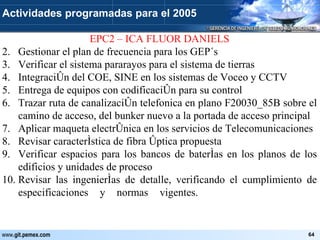 EPC2 – ICA FLUOR DANIELS Gestionar el plan de frecuencia para los GEP´s Verificar el sistema pararayos para el sistema de tierras Integración del COE, SINE en los sistemas de Voceo y CCTV Entrega de equipos con codificación para su control Trazar ruta de canalización telefonica en plano F20030_85B sobre el camino de acceso, del bunker nuevo a la portada de acceso principal Aplicar maqueta electrónica en los servicios de Telecomunicaciones Revisar característica de fibra óptica propuesta Verificar espacios para los bancos de baterías en los planos de los edificios y unidades de proceso Revisar las ingenierías de detalle, verificando el cumplimiento de especificaciones y normas vigentes. Actividades programadas para el 2005 
