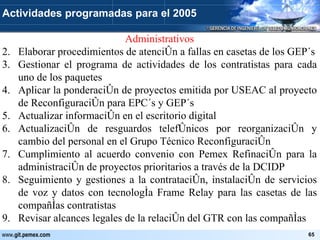 Administrativos Elaborar procedimientos de atención a fallas en casetas de los GEP´s Gestionar el programa de actividades de los contratistas para cada uno de los paquetes Aplicar la ponderación de proyectos emitida por USEAC al proyecto de Reconfiguración para EPC´s y GEP´s Actualizar información en el escritorio digital Actualización de resguardos telefónicos por reorganización y cambio del personal en el Grupo Técnico Reconfiguración Cumplimiento al acuerdo convenio con Pemex Refinación para la administración de proyectos prioritarios a través de la DCIDP Seguimiento y gestiones a la contratación, instalación de servicios de voz y datos con tecnología Frame Relay para las casetas de las compañías contratistas Revisar alcances legales de la relación del GTR con las compañías Actividades programadas para el 2005 
