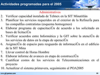 Administrativos Verificar capacidad instalada de Telmex en la SIT Minatitlán Planificar los servicios requeridos en el exterior de la Refinería para las compañías contratistas (esquema homogeneo) Elaborar programa de capacitación de acuerdo a los solicitado en bases de licitación Verificar acuerdos entre Informática y la GIT sobre la atención de los servicios de datos en la etapa de operación Asignación de espacio para resguardo de información en el edificio de la SIT Mina Llevar control de Horas Hombre Elaborar informe de avances en etapa de construcción Cuatificar costos de los servicios de Telecomunicaciones en el proyecto Actualizar el sistema primavera, seguimiento al POA2005 Actividades programadas para el 2005 