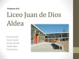 Proyecto A+S


Liceo Juan de Dios
Aldea
Gonzalo Aste
Carlos Castro
Nicole Garrido
Felipe López
Paula Torres
 