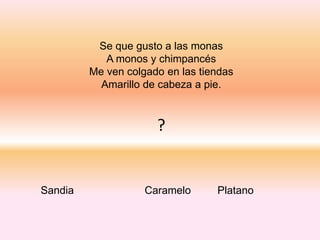 Se que gusto a las monas
A monos y chimpancés
Me ven colgado en las tiendas
Amarillo de cabeza a pie.
?
Sandia Caramelo Platano
