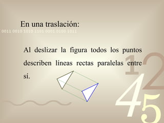En una traslación: Al deslizar la figura todos los puntos describen líneas rectas paralelas entre sí. 