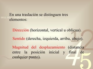 En una traslación se distinguen tres elementos: Dirección  (horizontal, vertical u oblicua). Sentido  (derecha, izquierda, arriba, abajo). Magnitud del desplazamiento  (distancia entre la posición inicial y final de cualquier punto). 