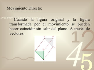 Movimiento Directo: Cuando la figura original y la figura transformada por el movimiento se pueden hacer coincidir sin salir del plano. A través de vectores. 