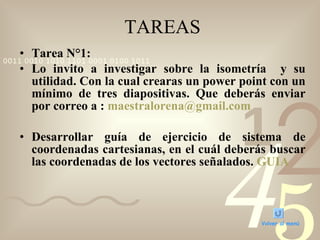Tarea N°1: Lo invito a investigar sobre la isometría  y su utilidad. Con la cual crearas un power point con un mínimo de tres diapositivas. Que deberás enviar por correo a :  [email_address] Desarrollar guía de ejercicio de sistema de coordenadas cartesianas, en el cuál deberás buscar las coordenadas de los vectores señalados.  GUIA TAREAS Volver al menú 