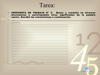 Tarea: PROPUESTA DE TRABAJO N° 3:  Busca y consulta en diversos diccionarios y enciclopedias otros significados de la palabra vector. Escribe las conclusiones a continuación. _________________________________________________________________________________ _________________________________________________________________________________ _________________________________________________________________________________ _________________________________________________________________________________ _________________________________________________________________________________ _________________________________________________________________________________ _________________________________________________________________________________ _________________________________________________________________________________ _________________________________________________________________________________ _________________________________________________________________________________ _________________________________________________________________________________ _________________________________________________________________________________ _________________________________________________________________________________ _________________________________________________________________________________ _________________________________________________________________________________ _________________________________________________________________________________ _________________________________________________________________________________ _________________________________________________________________________________ _________________________________________________________________________________ _________________________________________________________________________________ _________________________________________________________________________________ _________________________________________________________________________________ _________________________________________________________________________________ _________________________________________________________________________________ _________________________________________________________________________________ _________________________________________________________________________________ _________________________________________________________________________________ Volver al menú 