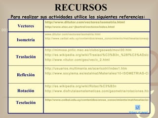 RECURSOS Para realizar sus actividades utilice las siguientes referencias: http://www.ceibal.edu.uy/contenidos/areas_conocimiento/mat/teselacionesplano/isometras.html Teselación http://es.wikipedia.org/wiki/Rotaci%C3%B3n http://www.disfrutalasmatematicas.com/geometria/rotaciones.html Rotación http://usuarios.multimania.es/acericotri/index1.htm http://www.socylema.es/estalmat/Materiales/10-ISOMETRIAS-CON-ORDENADOR.pdf Reflexión www.ditutor.com/vectores/isometria.html http://www.ceibal.edu.uy/contenidos/areas_conocimiento/mat/teselacionesplano/isometras.html Isometría http://mimosa.pntic.mec.es/clobo/geoweb/movi30.htm http://es.wikipedia.org/wiki/Traslaci%C3%B3n_%28f%C3%ADsica%29 http://www.vitutor.com/geo/vec/c_2.html Traslación http://www.ditutor.com/vectores/isometria.html http://www.xtec.es/ ~jbartrol /vectores/ index.html Vectores Volver al menú 