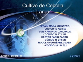 LOGO
Cultivo de Cebolla
Larga
GRUPO: 102058_23
EFRAÍN MEJÍA QUINTERO
- CÓDIGO 16 702 556
LUIS ARMANDO CANCHALA
- CÓDIGO 16 271 219
HÉCTOR FABIO PARDO
- CÓDIGO 16 279 519
RODOLFO GUTIÉRREZ SOSA
- CODIGO 16 284 552
 