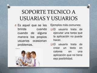 SOPORTE TECNICO A
USUARIAS Y USUARIOS
O Es aquel que se les
brinda cuando
cuando de alguna
manera los propios
usuarios ocasionan
problemas.
Ejemplos más comunes:
 El usuario trata de
ejecutar una tarea que
la aplicación no puede
hacer.
 El usuario trata de
crear un texto en
colores en una
aplicación que no tiene
esa posibilidad.
 