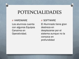 POTENCIALIDADES
O HARDWARE
Los alumnos cuenta
con algunos Equipos
Canaima en
Operatividad.
O SOFTWARE
El Alumnado tiene gran
destreza en
desplazarse por el
sistema aunque no la
conozca en
profundidad
 