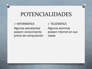 POTENCIALIDADES
O INFORMATICA
Algunos estudiantes
poseen conocimiento
previo de computación
O TELEMATICA
Algunos alumnos
poseen internet en sus
casas
 