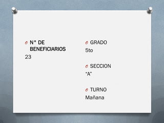 O GRADO
5to
O SECCION
“A”
O TURNO
Mañana
O N° DE
BENEFICIARIOS
23
 