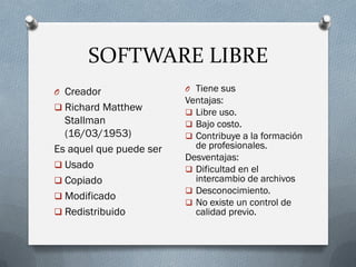 SOFTWARE LIBRE
O Creador
 Richard Matthew
Stallman
(16/03/1953)
Es aquel que puede ser
 Usado
 Copiado
 Modificado
 Redistribuido
O Tiene sus
Ventajas:
 Libre uso.
 Bajo costo.
 Contribuye a la formación
de profesionales.
Desventajas:
 Dificultad en el
intercambio de archivos
 Desconocimiento.
 No existe un control de
calidad previo.
 