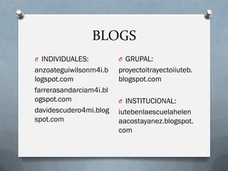 BLOGS
O INDIVIDUALES:
anzoateguiwilsonm4i.b
logspot.com
farrerasandarciam4i.bl
ogspot.com
davidescudero4mi.blog
spot.com
O GRUPAL:
proyectoitrayectoiiuteb.
blogspot.com
O INSTITUCIONAL:
iutebenlaescuelahelen
aacostayanez.blogspot.
com
 