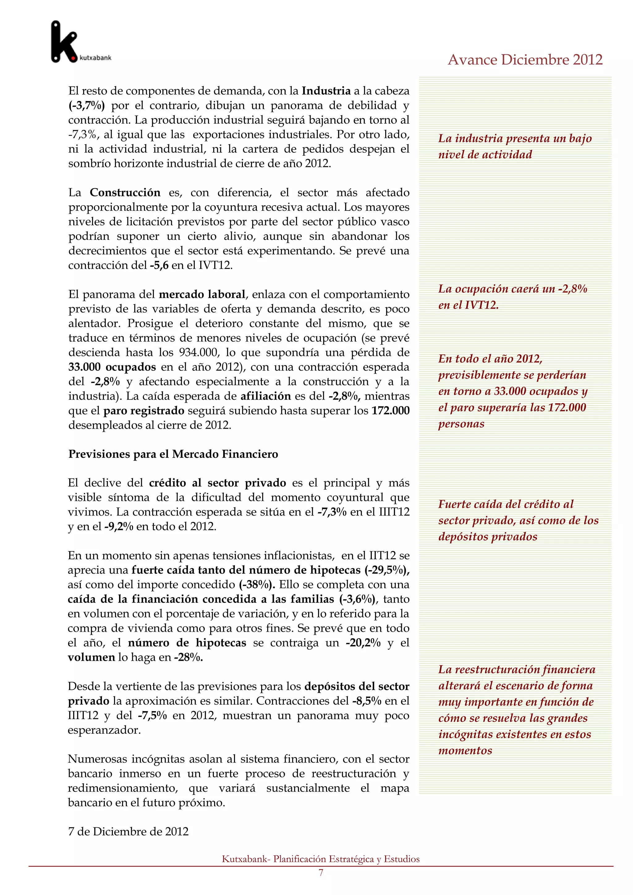 Avance Diciembre 2012

El resto de componentes de demanda, con la Industria a la cabeza
(-3,7%) por el contrario, dibujan un panorama de debilidad y
contracción. La producción industrial seguirá bajando en torno al
-7,3%, al igual que las exportaciones industriales. Por otro lado,              La industria presenta un bajo
ni la actividad industrial, ni la cartera de pedidos despejan el                nivel de actividad
sombrío horizonte industrial de cierre de año 2012.

La Construcción es, con diferencia, el sector más afectado
proporcionalmente por la coyuntura recesiva actual. Los mayores
niveles de licitación previstos por parte del sector público vasco
podrían suponer un cierto alivio, aunque sin abandonar los
decrecimientos que el sector está experimentando. Se prevé una
contracción del -5,6 en el IVT12.

El panorama del mercado laboral, enlaza con el comportamiento                   La ocupación caerá un -2,8%
previsto de las variables de oferta y demanda descrito, es poco                 en el IVT12.
alentador. Prosigue el deterioro constante del mismo, que se
traduce en términos de menores niveles de ocupación (se prevé
descienda hasta los 934.000, lo que supondría una pérdida de
                                                                                En todo el año 2012,
33.000 ocupados en el año 2012), con una contracción esperada
                                                                                previsiblemente se perderían
del -2,8% y afectando especialmente a la construcción y a la
industria). La caída esperada de afiliación es del -2,8%, mientras              en torno a 33.000 ocupados y
que el paro registrado seguirá subiendo hasta superar los 172.000               el paro superaría las 172.000
desempleados al cierre de 2012.                                                 personas

Previsiones para el Mercado Financiero

El declive del crédito al sector privado es el principal y más
visible síntoma de la dificultad del momento coyuntural que
                                                                                Fuerte caída del crédito al
vivimos. La contracción esperada se sitúa en el -7,3% en el IIIT12
                                                                                sector privado, así como de los
y en el -9,2% en todo el 2012.
                                                                                depósitos privados
En un momento sin apenas tensiones inflacionistas, en el IIT12 se
aprecia una fuerte caída tanto del número de hipotecas (-29,5%),
así como del importe concedido (-38%). Ello se completa con una
caída de la financiación concedida a las familias (-3,6%), tanto
en volumen con el porcentaje de variación, y en lo referido para la
compra de vivienda como para otros fines. Se prevé que en todo
el año, el número de hipotecas se contraiga un -20,2% y el
volumen lo haga en -28%.
                                                                                La reestructuración financiera
Desde la vertiente de las previsiones para los depósitos del sector             alterará el escenario de forma
privado la aproximación es similar. Contracciones del -8,5% en el               muy importante en función de
IIIT12 y del -7,5% en 2012, muestran un panorama muy poco                       cómo se resuelva las grandes
esperanzador.                                                                   incógnitas existentes en estos
                                                                                momentos
Numerosas incógnitas asolan al sistema financiero, con el sector
bancario inmerso en un fuerte proceso de reestructuración y
redimensionamiento, que variará sustancialmente el mapa
bancario en el futuro próximo.

7 de Diciembre de 2012

                              Kutxabank- Planificación Estratégica y Estudios
                                                     7
 