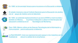 En 1980, la Universidad Veracruzana incursiona a la Educación a distancia.
El estado mexicano crea al Instituto Nacional para la Educación de adultos,
con el apoyo de medios como la televisión.
En 1993, se extiende explosivamente el uso de la WWW a nivel mundial y
también en México, la primera institución e utilizar el internet para dar
educación a distancia es el Tecnológico de Monterrey.
Para 1995, México utiliza ya las Nuevas Tecnologías de la Información y
Comunicación para la educación a distancia.
La Red EDUSAT, inicia sus operaciones para apoyar a los maestros con la
finalidad de elevar la calidad de la enseñanza.
 