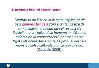 18
El producte final: el gènere textual
Centrar-se en l’ús de la llengua implica partir
dels gèneres textuals com a unitat bàsica de
comunicació, atès que són el resultat de
l’activitat enunciativa dels humans en diferents
esferes de la comunicació i, per tant, estan
lligats als contextos en què es produeixen i als
mons socials i culturals que els sancionen.
(Guasch, 2005).
18
 