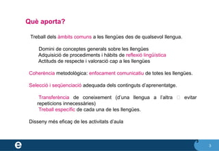3
Què aporta?
3
✔ Treball dels àmbits comuns a les llengües des de qualsevol llengua.
⮚ Domini de conceptes generals sobre les llengües
⮚ Adquisició de procediments i hàbits de reflexió lingüística
⮚ Actituds de respecte i valoració cap a les llengües
✔ Coherència metodològica: enfocament comunicatiu de totes les llengües.
✔ Selecció i seqüenciació adequada dels continguts d’aprenentatge.
⮚ Transferència de coneixement (d’una llengua a l’altra ⮚ evitar
repeticions innecessàries)
⮚ Treball específic de cada una de les llengües.
✔ Disseny més eficaç de les activitats d’aula
 
