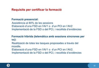 32
Requisits per certificar la formació
Formació presencial:
⮚Assistència al 80% de les sessions
⮚Elaboració d’una FSD en l’AV1 o d’un PCI en l’AV2
⮚Implementació de la FSD o del PCI, i recollida d’evidències
Formació híbrida (telemàtica amb sessions síncrones per
vc):
⮚Realització de totes les tasques proposades a través del
moodle.
⮚Elaboració d’una FSD en l’AV1 o d’un PCI en l’AV2.
⮚Implementació de la FSD o del PCI, i recollida d’evidències
32
 