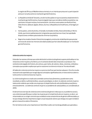 la regiónde Áfricayel Mediterráneooriental,enunintentoporprocurarsu participación
activaen la luchacontra la mutilacióngenital femenina.
 La RepúblicaUnidade Tanzanía,unode losdiezpaísesenque se practica ampliamente la
mutilacióngenitalfemenina,hapromulgadoleyesque considerandelitoesapráctica.Las
sanciones incluyenmultasylaencarcelación.Losotrosnueve paísessonBurkinaFaso,
Côte d'Ivoire,Djibouti,Egipto,Ghana,Guinea,laRepúblicaCentroafricana,el Senegal yel
Togo.
 Variospaíses,comoAustralia,el Canadá,losEstadosUnidos,NuevaZelandiayel Reino
Unido,que tienenpoblacionesde inmigrantesque practicanese ritual,hanaprobado
disposicionessimilaresparatratarde eliminaresapráctica.
 Nigeriahacreadoel teatro FístulaVesicovaginal ycentrosde rehabilitaciónparaprestar
serviciosde saludalas menoresde edadcasadasque hansidoafectadaspor la mutilación
genital femenina.
violenciacontra las mujeres
Entenderlasrazonesúltimasque estándetrásde laviolenciade génerosupone profundizarenlas
relacionesentre mujeresyhombresyenel contextodonde talesrelacionesse producen.Ese
contextoestácargado de historia,de cultura,ypor tanto,de valores,ideas,creencias,símbolosy
conceptosque puedenexplicarporqué enocasioneslaviolenciainclusose 'hanaturalizado'.
Al hablarde violenciacontralasmujeresesprecisoclarificarqué teoríassubyacen.Porelloresulta
necesarioeste apartadoque recoge algunosconceptossignificativosde unmarcoteóricosobre la
luchacontra la violenciahacialasmujeres.
La violenciade géneroes todo acto cometido contra elsexo femenino y puedetenercomo
resultado un daño o sufrimiento físico,sexualo psicológico;es decir, la violencia contra la mujeres
toda acción violenta querecibe una mujerpor el simple hecho de serlo dañándola ya sea física o
emocionalmente. La violencia contra la mujeres un problema de salud pública y es considerada un
delito.
El denominareste tipode violenciacomoviolenciade géneroindicaque esunproblemasocial y
una violenciaespecíficaque recibenlasmujeresporel simplehechode sermujeres;esdecir,ser
relacionadaconun origenconcretoque establece estascaracterísticasde génerodiferenciadasya
lasque otorga distintaimportanciasegúnunajerarquíade valoresque otorgaunasuperioridadal
géneromasculinosobre el femenino.
Por tal motivoesde suma importanciael identificarcuálessonlasdesigualdadesyasuperadasy
 