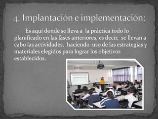 Es aquí donde se lleva a la práctica todo lo
planificado en las fases anteriores, es decir, se llevan a
cabo las actividades, haciendo uso de las estrategias y
materiales elegidos para lograr los objetivos
establecidos.
 