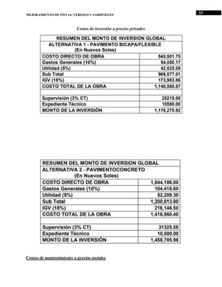 MEJORAMIENTO DE PISTAS, VEREDAS Y SARDINELES 33
Costos de inversión a precios privados
Costos de mantenimiento a precios s...