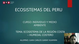 CURSO: INDIVIDUO Y MEDIO
AMBIENTE
ECOSISTEMAS DEL PERU
Universidad
Tecnológica
del Perú
TEMA: ECOSISTEMA DE LA REGIÓN COSTA
– HUMEDAL COSTERO
ALUMNO: JUAN CARLOS GARAY HUAMÁN
 