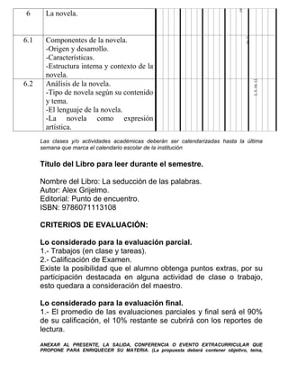 19
6       La novela.




                                                                                   19, 21
6.1     Componentes de la novela.
        -Origen y desarrollo.
        -Características.
        -Estructura interna y contexto de la
        novela.




                                                                                            3, 5, 10, 12
6.2     Análisis de la novela.
        -Tipo de novela según su contenido
        y tema.
        -El lenguaje de la novela.
        -La novela como expresión
        artística.
      Las clases y/o actividades académicas deberán ser calendarizadas hasta la última
      semana que marca el calendario escolar de la institución


      Título del Libro para leer durante el semestre.

      Nombre del Libro: La seducción de las palabras.
      Autor: Alex Grijelmo.
      Editorial: Punto de encuentro.
      ISBN: 9786071113108

      CRITERIOS DE EVALUACIÓN:

      Lo considerado para la evaluación parcial.
      1.- Trabajos (en clase y tareas).
      2.- Calificación de Examen.
      Existe la posibilidad que el alumno obtenga puntos extras, por su
      participación destacada en alguna actividad de clase o trabajo,
      esto quedara a consideración del maestro.

      Lo considerado para la evaluación final.
      1.- El promedio de las evaluaciones parciales y final será el 90%
      de su calificación, el 10% restante se cubrirá con los reportes de
      lectura.
      ANEXAR AL PRESENTE, LA SALIDA, CONFERENCIA O EVENTO EXTRACURRICULAR QUE
      PROPONE PARA ENRIQUECER SU MATERIA. (La propuesta deberá contener objetivo, tema,
 