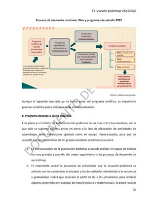 F4 Versión preliminar 26122022
70
Proceso de desarrollo curricular. Plan y programas de estudio 2022
Fuente: elaboración propia.
Aunque el siguiente apartado ya no forma parte del programa analítico, es importante
plantear el último plano del proceso de contextualización.
El Programa docente o plano didáctico
Este plano es el ámbito de autonomía más poderoso de las maestras y los maestros, por lo
que sólo se sugieren algunas pistas en torno a la fase de planeación de actividades de
aprendizaje, tanto individuales (grados) como en equipo (fases-escuela), para que de
acuerdo con las condiciones de los grupos escolares se tomen en cuenta:
a. La estructuración de la planeación didáctica se puede realizar en lapsos de tiempo
no muy grandes y con ello dar mejor seguimiento a los procesos de desarrollo de
aprendizaje.
b. Es importante cuidar la secuencia de actividades que la situación-problema se
articule con los contenidos analizados y los de codiseño, atendiendo a la secuencia
y gradualidad. Habrá que recordar el perfil de las y los estudiantes para reforzar
algunos contenidos (en especial de lecto/escritura o matemáticas), lo podrá realizar
 