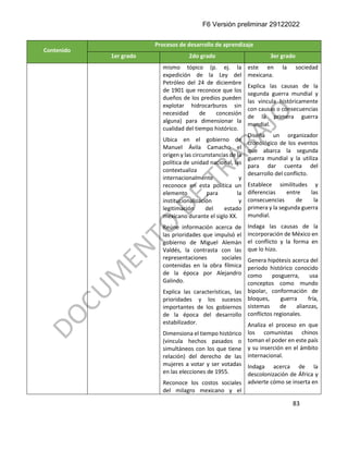 F6 Versión preliminar 29122022
83
Contenido
Procesos de desarrollo de aprendizaje
1er grado 2do grado 3er grado
mismo tópico (p. ej. la
expedición de la Ley del
Petróleo del 24 de diciembre
de 1901 que reconoce que los
dueños de los predios pueden
explotar hidrocarburos sin
necesidad de concesión
alguna) para dimensionar la
cualidad del tiempo histórico.
Ubica en el gobierno de
Manuel Ávila Camacho el
origen y las circunstancias de la
política de unidad nacional, las
contextualiza
internacionalmente y
reconoce en esta política un
elemento para la
institucionalización y
legitimación del estado
mexicano durante el siglo XX.
Reúne información acerca de
las prioridades que impulsó el
gobierno de Miguel Alemán
Valdés, la contrasta con las
representaciones sociales
contenidas en la obra fílmica
de la época por Alejandro
Galindo.
Explica las características, las
prioridades y los sucesos
importantes de los gobiernos
de la época del desarrollo
estabilizador.
Dimensiona el tiempo histórico
(vincula hechos pasados o
simultáneos con los que tiene
relación) del derecho de las
mujeres a votar y ser votadas
en las elecciones de 1955.
Reconoce los costos sociales
del milagro mexicano y el
este en la sociedad
mexicana.
Explica las causas de la
segunda guerra mundial y
las vincula históricamente
con causas o consecuencias
de la primera guerra
mundial.
Diseña un organizador
cronológico de los eventos
que abarca la segunda
guerra mundial y la utiliza
para dar cuenta del
desarrollo del conflicto.
Establece similitudes y
diferencias entre las
consecuencias de la
primera y la segunda guerra
mundial.
Indaga las causas de la
incorporación de México en
el conflicto y la forma en
que lo hizo.
Genera hipótesis acerca del
periodo histórico conocido
como posguerra, usa
conceptos como mundo
bipolar, conformación de
bloques, guerra fría,
sistemas de alianzas,
conflictos regionales.
Analiza el proceso en que
los comunistas chinos
toman el poder en este país
y su inserción en el ámbito
internacional.
Indaga acerca de la
descolonización de África y
advierte cómo se inserta en
 
