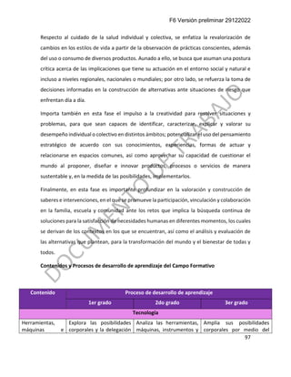 F6 Versión preliminar 29122022
97
Respecto al cuidado de la salud individual y colectiva, se enfatiza la revalorización de
cambios en los estilos de vida a partir de la observación de prácticas conscientes, además
del uso o consumo de diversos productos. Aunado a ello, se busca que asuman una postura
crítica acerca de las implicaciones que tiene su actuación en el entorno social y natural e
incluso a niveles regionales, nacionales o mundiales; por otro lado, se refuerza la toma de
decisiones informadas en la construcción de alternativas ante situaciones de riesgo que
enfrentan día a día.
Importa también en esta fase el impulso a la creatividad para resolver situaciones y
problemas, para que sean capaces de identificar, caracterizar, explicar y valorar su
desempeño individual o colectivo en distintos ámbitos; potencializar el uso del pensamiento
estratégico de acuerdo con sus conocimientos, experiencias, formas de actuar y
relacionarse en espacios comunes, así como aprovechar su capacidad de cuestionar el
mundo al proponer, diseñar e innovar productos, procesos o servicios de manera
sustentable y, en la medida de las posibilidades, implementarlos.
Finalmente, en esta fase es importante profundizar en la valoración y construcción de
saberes e intervenciones, en el que se promueve la participación, vinculación y colaboración
en la familia, escuela y comunidad ante los retos que implica la búsqueda continua de
soluciones para la satisfacción de necesidades humanas en diferentes momentos, los cuales
se derivan de los contextos en los que se encuentran, así como el análisis y evaluación de
las alternativas que plantean, para la transformación del mundo y el bienestar de todas y
todos.
Contenidos y Procesos de desarrollo de aprendizaje del Campo Formativo
Contenido Proceso de desarrollo de aprendizaje
1er grado 2do grado 3er grado
Tecnología
Herramientas,
máquinas e
Explora las posibilidades
corporales y la delegación
Analiza las herramientas,
máquinas, instrumentos y
Amplía sus posibilidades
corporales por medio del
 