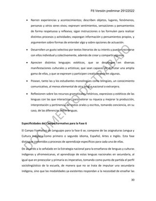 F6 Versión preliminar 29122022
30
• Narren experiencias y acontecimientos; describen objetos, lugares, fenómenos,
personas y otros seres vivos; expresen sentimientos, sensaciones y pensamientos
de forma respetuosa y reflexiva; sigan instrucciones o las formulen para realizar
distintos procesos y actividades; expongan información y pensamientos propios, y
argumenten sobre formas de entender algo y sobre opciones de actuación.
• Desarrollen un gusto selectivo por textos literarios de su interés y puedan recrearse
con ellos individual y colectivamente, además de crear y compartir algunos.
• Aprecien distintos lenguajes estéticos, que se despliegan en diversas
manifestaciones culturales y artísticas; que sean capaces de disfrutar una amplia
gama de ellas, y que se expresen y participen creativamente en algunas.
• Posean, tanto las y los estudiantes monolingües como bilingües, un conocimiento
comunicativo, al menos elemental de otra lengua nacional o extranjera.
• Reflexionen sobre los recursos gramaticales, retóricos, expresivos y estéticos de las
lenguas con las que interactúan, para valorar su riqueza y mejorar la producción,
interpretación y pertinencia de textos orales y escritos, tomando conciencia, en su
caso, de las diferencias entre lenguas.
Especificidades del Campo Formativo para la Fase 6
El Campo Formativo de Lenguajes para la fase 6 se, compone de las asignaturas Lengua y
Cultura Indígena como primero o segundo idioma, Español, Artes e Inglés. Esta fase
distingue contenidos y procesos de aprendizaje específicos para cada una de ellas.
De acuerdo a lo señalado en la Estrategia nacional para la enseñanza de lenguas y culturas
indígenas y afromexicanas, el aprendizaje de estas lenguas nacionales en secundaria, al
igual que en preescolar y primaria es imperativo, tomando como punto de partida el perfil
sociolingüístico de la escuela, de manera que no se trata de impulsar una secundaria
indígena, sino que las modalidades ya existentes respondan a la necesidad de enseñar las
 