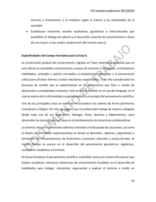 F6 Versión preliminar 29122022
55
alcances y limitaciones, y se emplean según la cultura y las necesidades de la
sociedad.
• Establezcan relaciones sociales equitativas, igualitarias e interculturales que
posibiliten el diálogo de saberes y el desarrollo conjunto de conocimientos a favor
de una mayor y más amplia comprensión del mundo natural.
Especificidades del Campo Formativo para la Fase 6
La construcción gradual del conocimiento, logrado en Fases anteriores, posibilita que en
esta última se consoliden conocimientos al pasar de nociones a conceptos, se fortalezcan
habilidades, actitudes y valores vinculados al escepticismo informado y al pensamiento
crítico para afrontar dilemas y tomar decisiones responsables. Todo ello considerando los
procesos de cambio que se experimentan en la adolescencia que lleva a niveles de
abstracción y complejidad crecientes. Esto se refleja también en el uso del lenguaje, en el
cual se avanza de la informalidad y espontaneidad a uno propio del pensamiento científico.
Uno de los principales retos en esta fase es considerar los saberes de forma pertinente,
contextual e integral. Por ello, se sugiere que el profesorado trabaje de manera colegiada
desde cada una de sus asignaturas -Biología, Física, Química y Matemáticas-, para
desarrollar los aprendizajes con base en el planteamiento de situaciones problemáticas.
Lo anterior requiere una mirada sistémica orientada a la búsqueda de soluciones, así como
el diseño de actividades experimentales en donde se describan, registren, argumenten y
formalicen las interpretaciones de fenómenos y procesos naturales y socioculturales. Al
mismo tiempo se avanza en el desarrollo del pensamiento geométrico, algebraico,
variacional, estadístico y funcional.
Se busca fortalecer el pensamiento científico, entendido como una manera de razonar que
implica establecer relaciones coherentes de conocimientos fundados en el desarrollo de
habilidades para indagar, interpretar, argumentar y explicar el entorno e incidir en
 