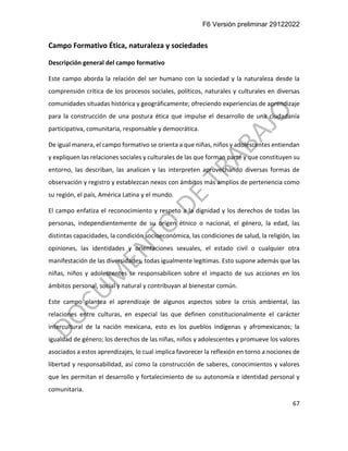 F6 Versión preliminar 29122022
67
Campo Formativo Ética, naturaleza y sociedades
Descripción general del campo formativo
Este campo aborda la relación del ser humano con la sociedad y la naturaleza desde la
comprensión crítica de los procesos sociales, políticos, naturales y culturales en diversas
comunidades situadas histórica y geográficamente; ofreciendo experiencias de aprendizaje
para la construcción de una postura ética que impulse el desarrollo de una ciudadanía
participativa, comunitaria, responsable y democrática.
De igual manera, el campo formativo se orienta a que niñas, niños y adolescentes entiendan
y expliquen las relaciones sociales y culturales de las que forman parte y que constituyen su
entorno, las describan, las analicen y las interpreten aprovechando diversas formas de
observación y registro y establezcan nexos con ámbitos más amplios de pertenencia como
su región, el país, América Latina y el mundo.
El campo enfatiza el reconocimiento y respeto a la dignidad y los derechos de todas las
personas, independientemente de su origen étnico o nacional, el género, la edad, las
distintas capacidades, la condición socioeconómica, las condiciones de salud, la religión, las
opiniones, las identidades y orientaciones sexuales, el estado civil o cualquier otra
manifestación de las diversidades, todas igualmente legítimas. Esto supone además que las
niñas, niños y adolescentes se responsabilicen sobre el impacto de sus acciones en los
ámbitos personal, social y natural y contribuyan al bienestar común.
Este campo plantea el aprendizaje de algunos aspectos sobre la crisis ambiental, las
relaciones entre culturas, en especial las que definen constitucionalmente el carácter
intercultural de la nación mexicana, esto es los pueblos indígenas y afromexicanos; la
igualdad de género; los derechos de las niñas, niños y adolescentes y promueve los valores
asociados a estos aprendizajes, lo cual implica favorecer la reflexión en torno a nociones de
libertad y responsabilidad, así como la construcción de saberes, conocimientos y valores
que les permitan el desarrollo y fortalecimiento de su autonomía e identidad personal y
comunitaria.
 
