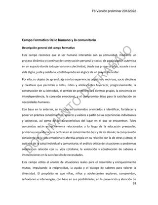 F6 Versión preliminar 29122022
93
Campo Formativo De lo humano y lo comunitario
Descripción general del campo formativo
Este campo reconoce que el ser humano interactúa con su comunidad, mediante un
proceso dinámico y continuo de construcción personal y social; de participación auténtica
en un espacio donde toda persona en colectividad, desde sus primeros años, accede a una
vida digna, justa y solidaria, contribuyendo así al goce de un mayor bienestar.
Por ello, su objeto de aprendizaje son las experiencias cognitivas, motrices, socio afectivas
y creativas que permitan a niñas, niños y adolescentes favorecer, progresivamente, la
construcción de su identidad, el sentido de pertenencia a diversos grupos, la conciencia de
interdependencia, la conexión emocional, y el compromiso ético para la satisfacción de
necesidades humanas.
Con base en lo anterior, se incorporan contenidos orientados a identificar, fortalecer y
poner en práctica conocimientos, saberes y valores a partir de las experiencias individuales
y colectivas, así como de las características del lugar en el que se encuentran. Tales
contenidos están estrechamente relacionados a lo largo de la educación preescolar,
primaria y secundaria; y se centran en el conocimiento de sí y de los demás; la comprensión
consciente de la vida emocional y afectiva propia en su relación con la de otras y otros; el
cuidado de la salud individual y comunitaria; el análisis crítico de situaciones y problemas
sociales en relación con su vida cotidiana; la valoración y construcción de saberes e
intervenciones en la satisfacción de necesidades.
Este campo utiliza el análisis de situaciones reales para el desarrollo y enriquecimiento
mutuo, impulsando la reciprocidad, la ayuda y el diálogo de saberes para valorar la
diversidad. El propósito es que niñas, niños y adolescentes exploren, comprendan,
reflexionen e intervengan, con base en sus posibilidades, en la prevención y atención de
 