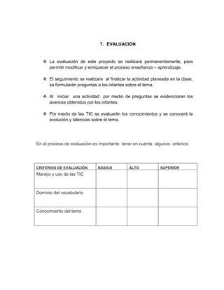 7. EVALUACION

 La evaluación de este proyecto se realizará permanentemente, para
permitir modificar y enriquecer el proceso enseñanza – aprendizaje.
 El seguimiento se realizara al finalizar la actividad planeada en la clase,
se formularán preguntas a los infantes sobre el tema.
 Al iniciar una actividad por medio de preguntas se evidenciaran los
avances obtenidos por los infantes.
 Por medio de las TIC se evaluarán los conocimientos y se conocerá la
evolución y falencias sobre el tema.

En el proceso de evaluación es importante tener en cuenta algunos criterios:

CRITERIOS DE EVALUACIÓN

Manejo y uso de las TIC

Dominio del vocabulario

Conocimiento del tema

BÁSICO

ALTO

SUPERIOR

 