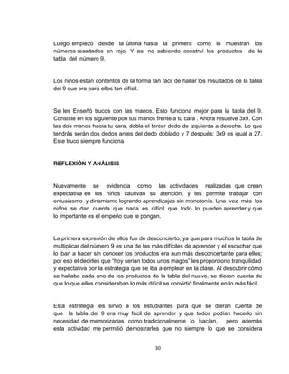 Luego empiezo desde la última hasta la primera como lo muestran los
números resaltados en rojo. Y así no sabiendo construí los productos de la
tabla del número 9.

Los niños están contentos de la forma tan fácil de hallar los resultados de la tabla
del 9 que era para ellos tan difícil.

Se les Enseñó trucos con las manos. Esto funciona mejor para la tabla del 9.
Consiste en los siguiente pon tus manos frente a tu cara . Ahora resuelve 3x9. Con
las dos manos hacia tu cara, dobla el tercer dedo de izquierda a derecha. Lo que
tendrás serán dos dedos antes del dedo doblado y 7 después: 3x9 es igual a 27.
Este truco siempre funciona

REFLEXIÓN Y ANÁLISIS

Nuevamente se evidencia como las actividades realizadas que crean
expectativa en los niños cautivan su atención, y les permite trabajar con
entusiasmo y dinamismo logrando aprendizajes sin monotonía. Una vez más los
niños se dan cuenta que nada es difícil que todo lo pueden aprender y que
lo importante es el empeño que le pongan.

La primera expresión de ellos fue de desconcierto, ya que para muchos la tabla de
multiplicar del número 9 es una de las más difíciles de aprender y el escuchar que
lo iban a hacer sin conocer los productos era aun más desconcertante para ellos;
por eso el decirles que “hoy serian todos unos magos” les proporciono tranquilidad
y expectativa por la estrategia que se iba a emplear en la clase. Al descubrir cómo
se hallaba cada uno de los productos de la tabla del nueve, se dieron cuenta de
que lo que ellos consideraban lo más difícil se convirtió finalmente en lo más fácil.

Esta estrategia les sirvió a los estudiantes para que se dieran cuenta de
que la tabla del 9 era muy fácil de aprender y que todos podían hacerlo sin
necesidad de memorizarlas como tradicionalmente lo hacían,
pero además
esta actividad me permitió demostrarles que no siempre lo que se considera

30

 