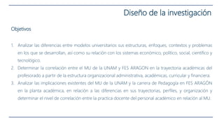 Objetivos
1. Analizar las diferencias entre modelos universitarios sus estructuras, enfoques, contextos y problemas
en los que se desarrollan, así como su relación con los sistemas económico, político, social, científico y
tecnológico.
2. Determinar la correlación entre el MU de la UNAM y FES ARAGON en la trayectoria académicas del
profesorado a partir de la estructura organizacional administrativa, académicas, curricular y financiera.
3. Analizar las implicaciones existentes del MU de la UNAM y la carrera de Pedagogía en FES ARAGÓN
en la planta académica, en relación a las diferencias en sus trayectorias, perfiles, y organización y
determinar el nivel de correlación entre la practica docente del personal académico en relación al MU.
Diseño de la investigación
 
